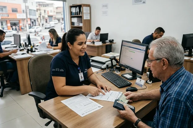 Despachante explicando o procedimento de renovação de CNH para um cliente.
