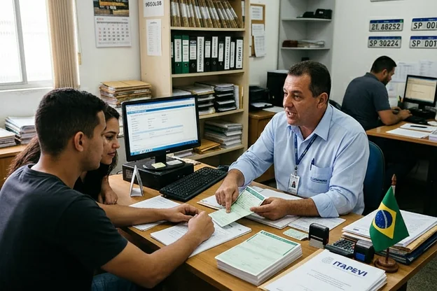 Despachante informando um cliente sobre as etapas do licenciamento veicular.