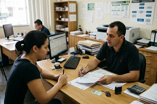Despachante mostrando documentos necessários para a transferência de veículo.