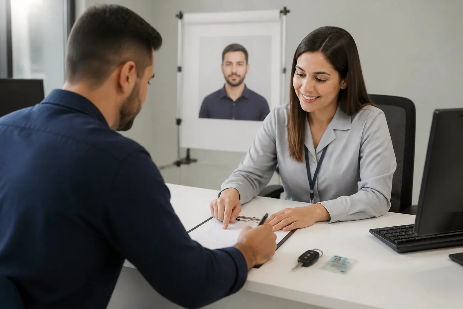 Profissional do despachante ajudando na renovação de CNH para um cliente.